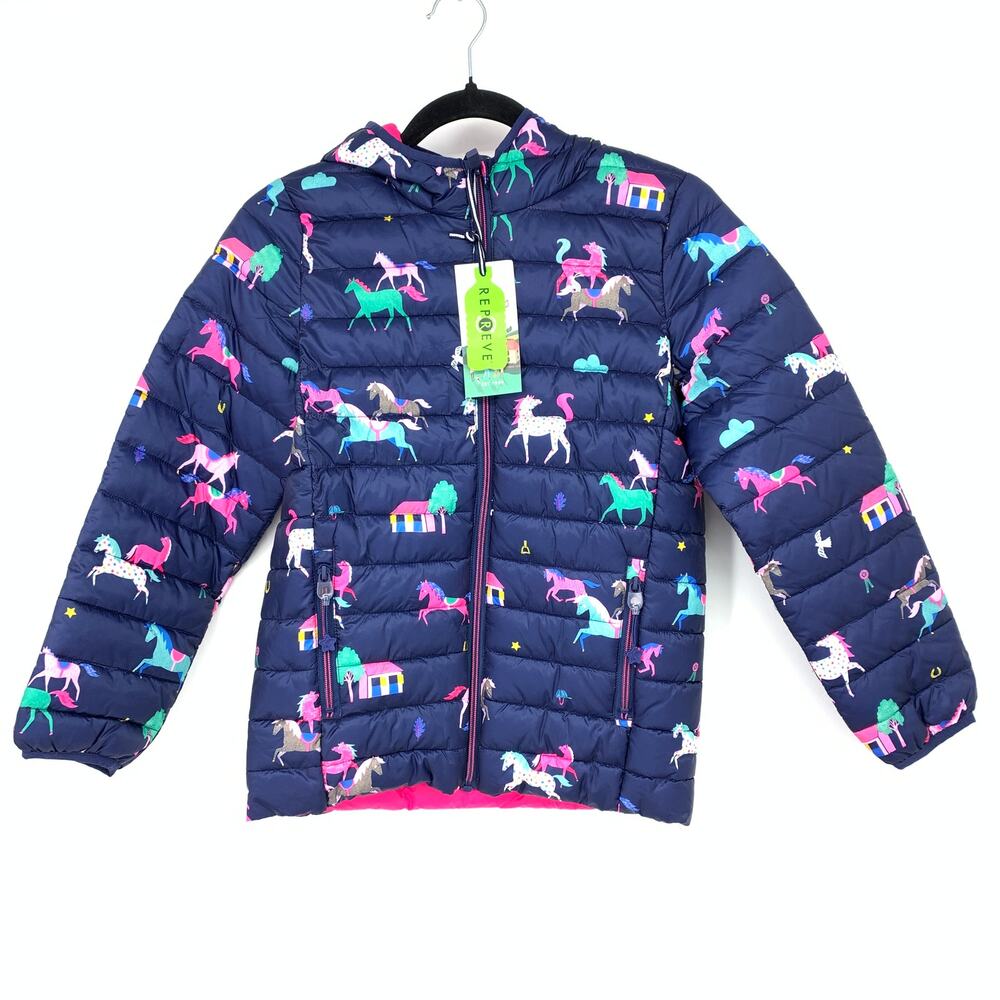 Joules Right As Rain Collection Girls Sz 10 Rain Jacket Blue Horses Packable NEW